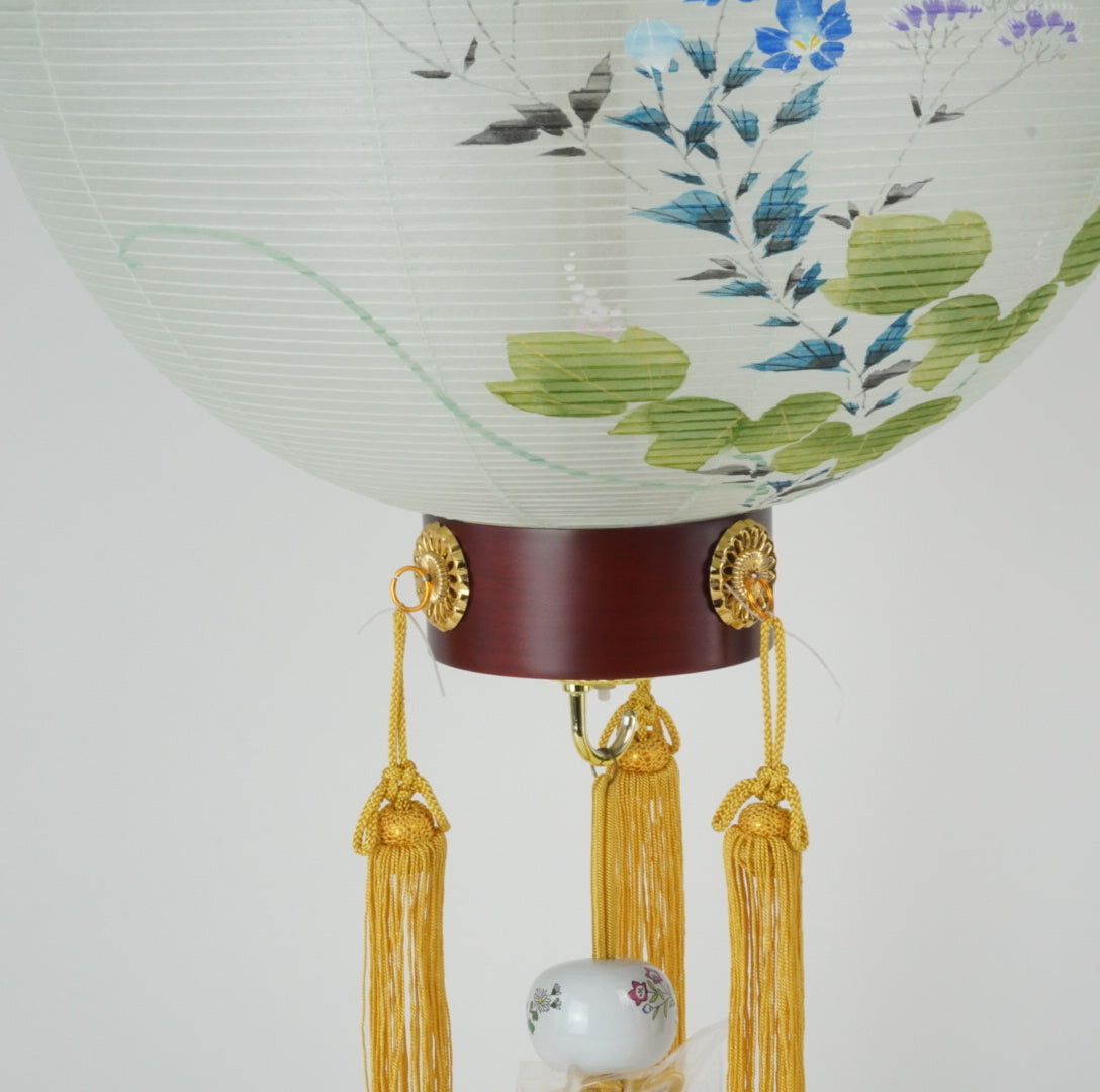 御所提灯 吊り提灯 絹張天二御殿丸紫水 うすグリーン地
