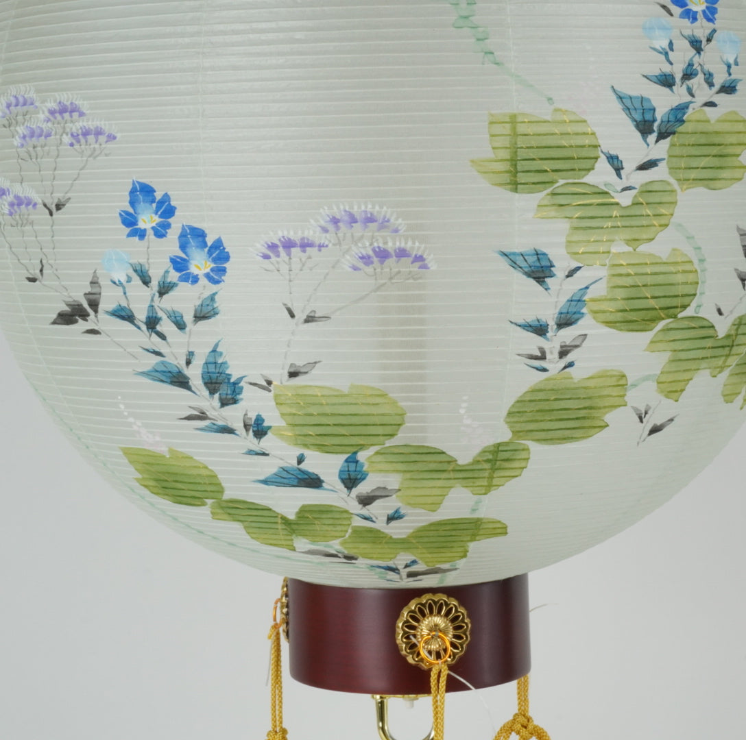 御所提灯 吊り提灯 絹張天二御殿丸紫水 うすグリーン地