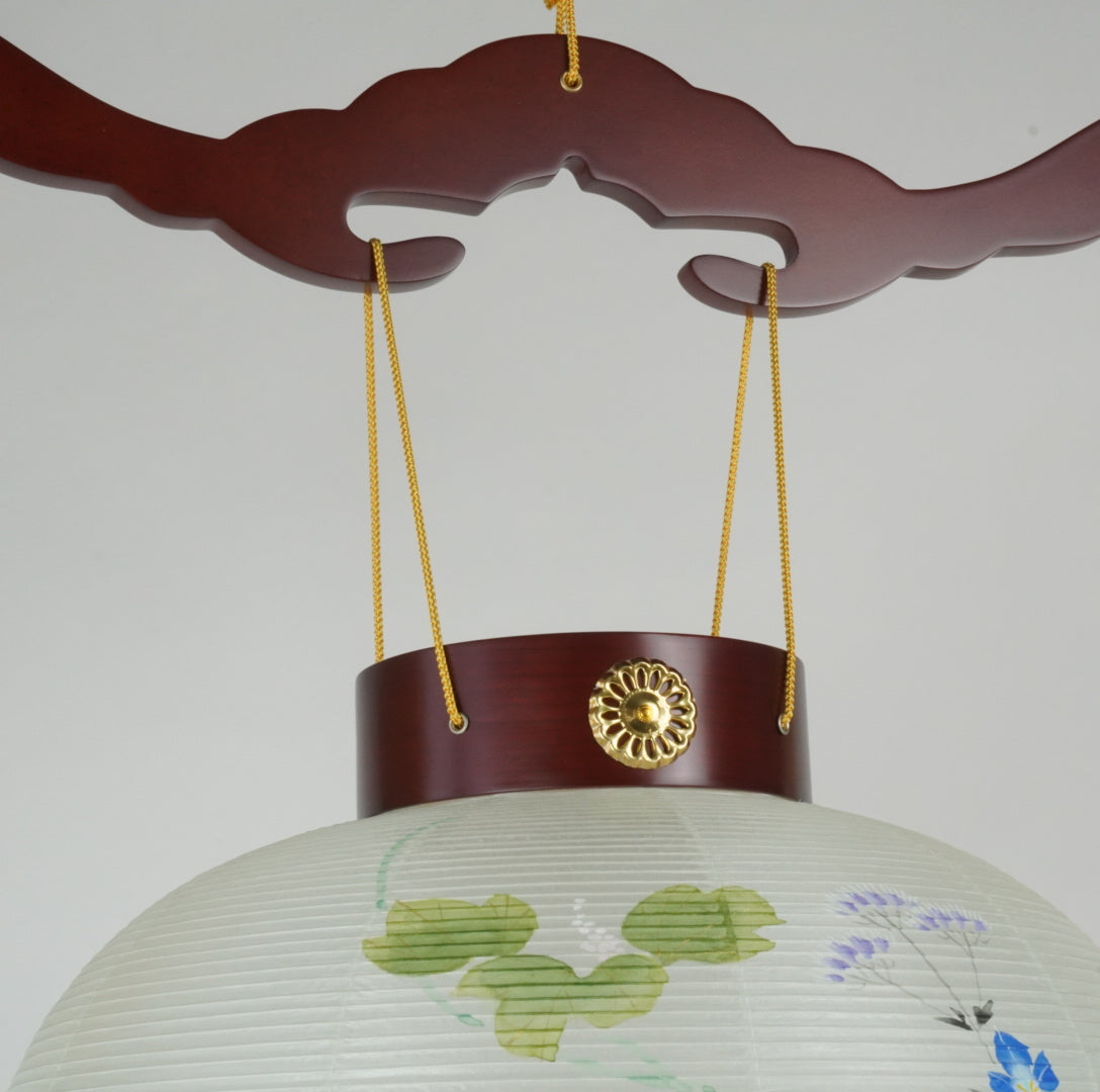 御所提灯 吊り提灯 絹張天二御殿丸紫水 うすグリーン地